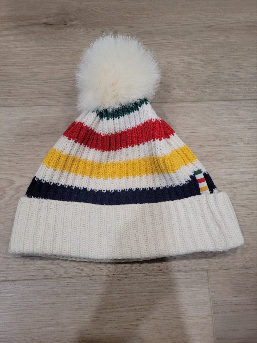 Adult O/S Hudson Bay 4 Stripe White Beanie With Pom Pom